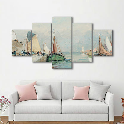 Antique Nautical Oil Paintingailboats Coastal Farmhouse Mixed Canvas Print Wall Art, Landscape Painting
