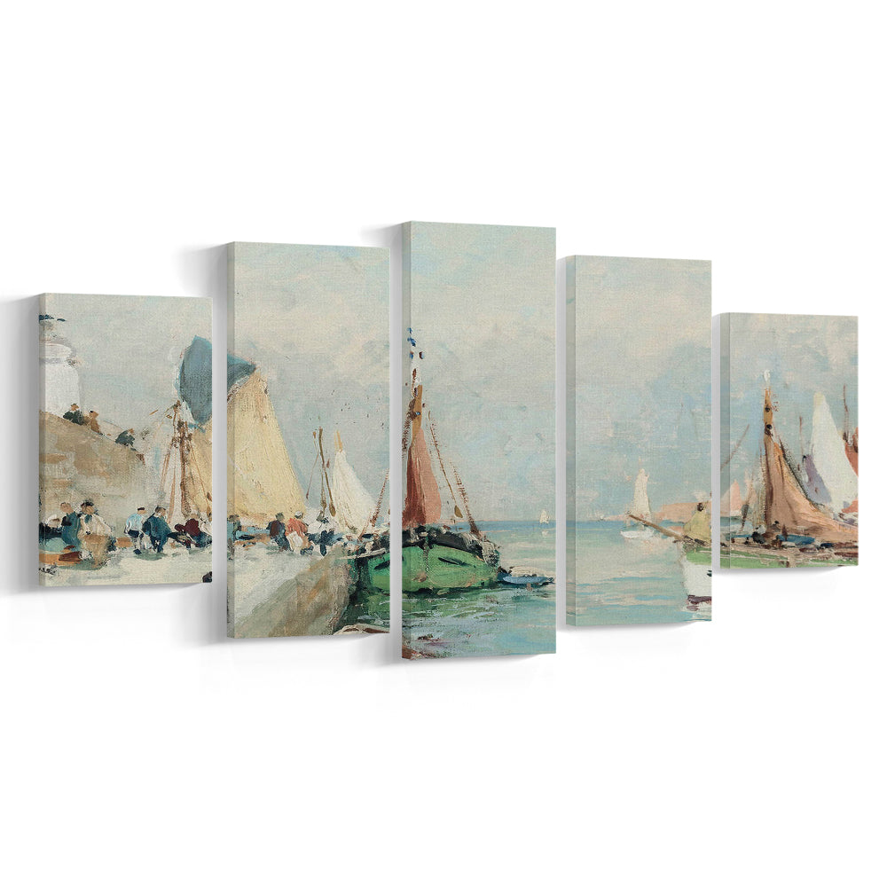 Antique Nautical Oil Paintingailboats Coastal Farmhouse Mixed Canvas Print Wall Art, Landscape Painting