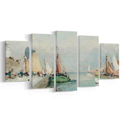 Antique Nautical Oil Paintingailboats Coastal Farmhouse Mixed Canvas Print Wall Art, Landscape Painting