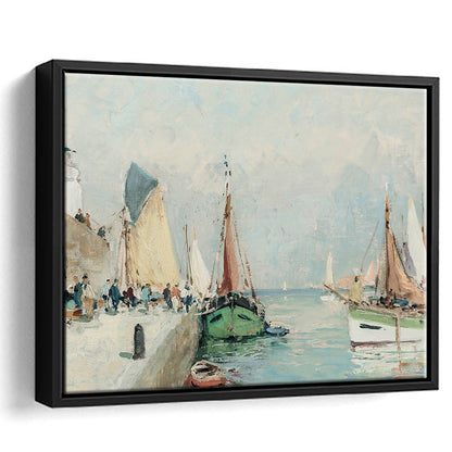 Antique Nautical Oil Paintingailboats Coastal Farmhouse Framed Canvas Print Wall Art, Landscape Painting