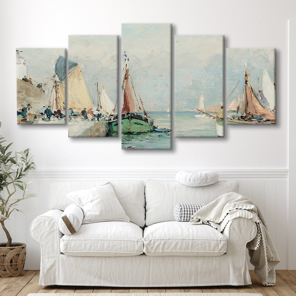 Antique Nautical Oil Paintingailboats Coastal Farmhouse Mixed Canvas Print Wall Art, Landscape Painting