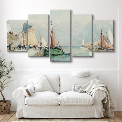 Antique Nautical Oil Paintingailboats Coastal Farmhouse Mixed Canvas Print Wall Art, Landscape Painting