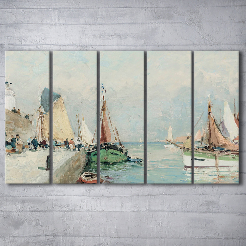 Antique Nautical Oil Paintingailboats Coastal Farmhouse 5 Panels Canvas Print Wall Art, Landscape Painting