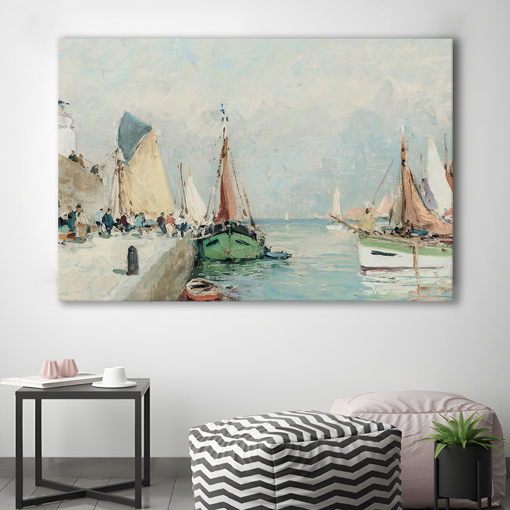 Antique Nautical Oil Paintingailboats Coastal Farmhouse Canvas Print Wall Art, Landscape Painting