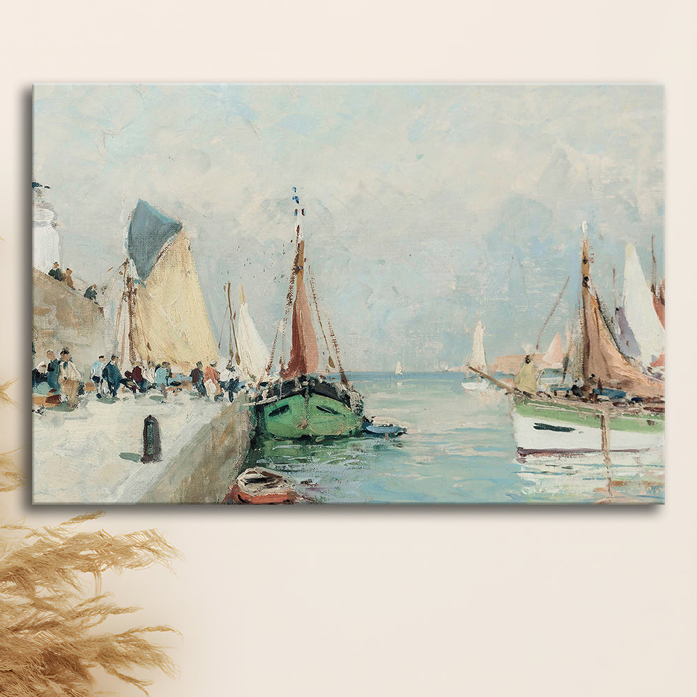 Antique Nautical Oil Paintingailboats Coastal Farmhouse Canvas Print Wall Art, Landscape Painting