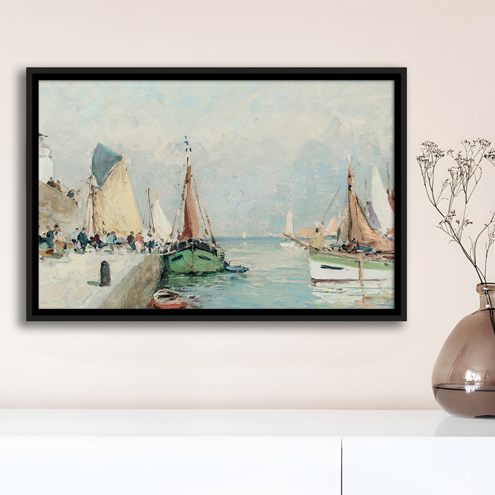 Antique Nautical Oil Paintingailboats Coastal Farmhouse Framed Canvas Print Wall Art, Landscape Painting