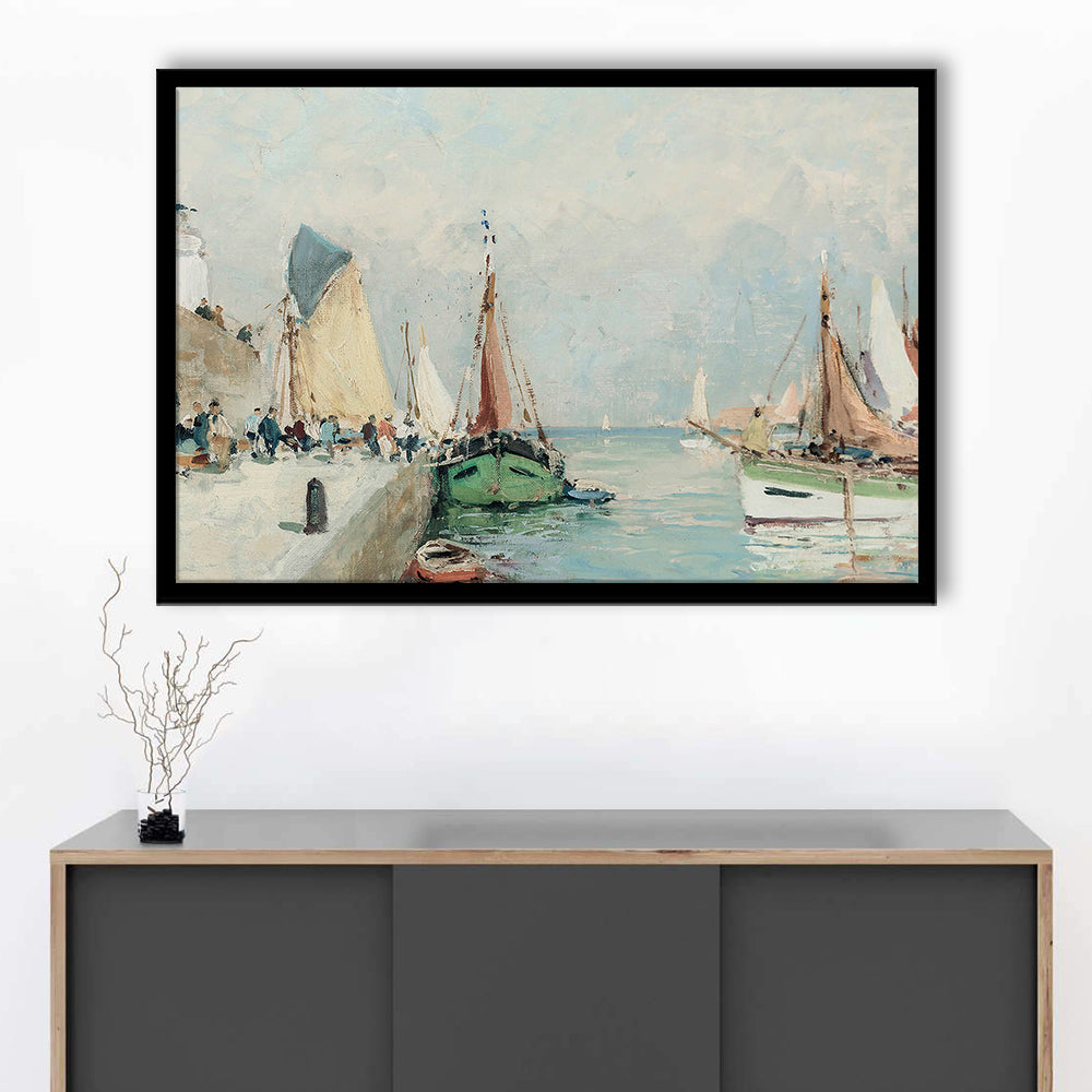 Antique Nautical Oil Paintingailboats Coastal Farmhouse Framed Art Print Wall Decor, Landscape Painting