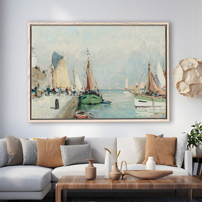 Antique Nautical Oil Paintingailboats Coastal Farmhouse Framed Canvas Print Wall Art, Landscape Painting