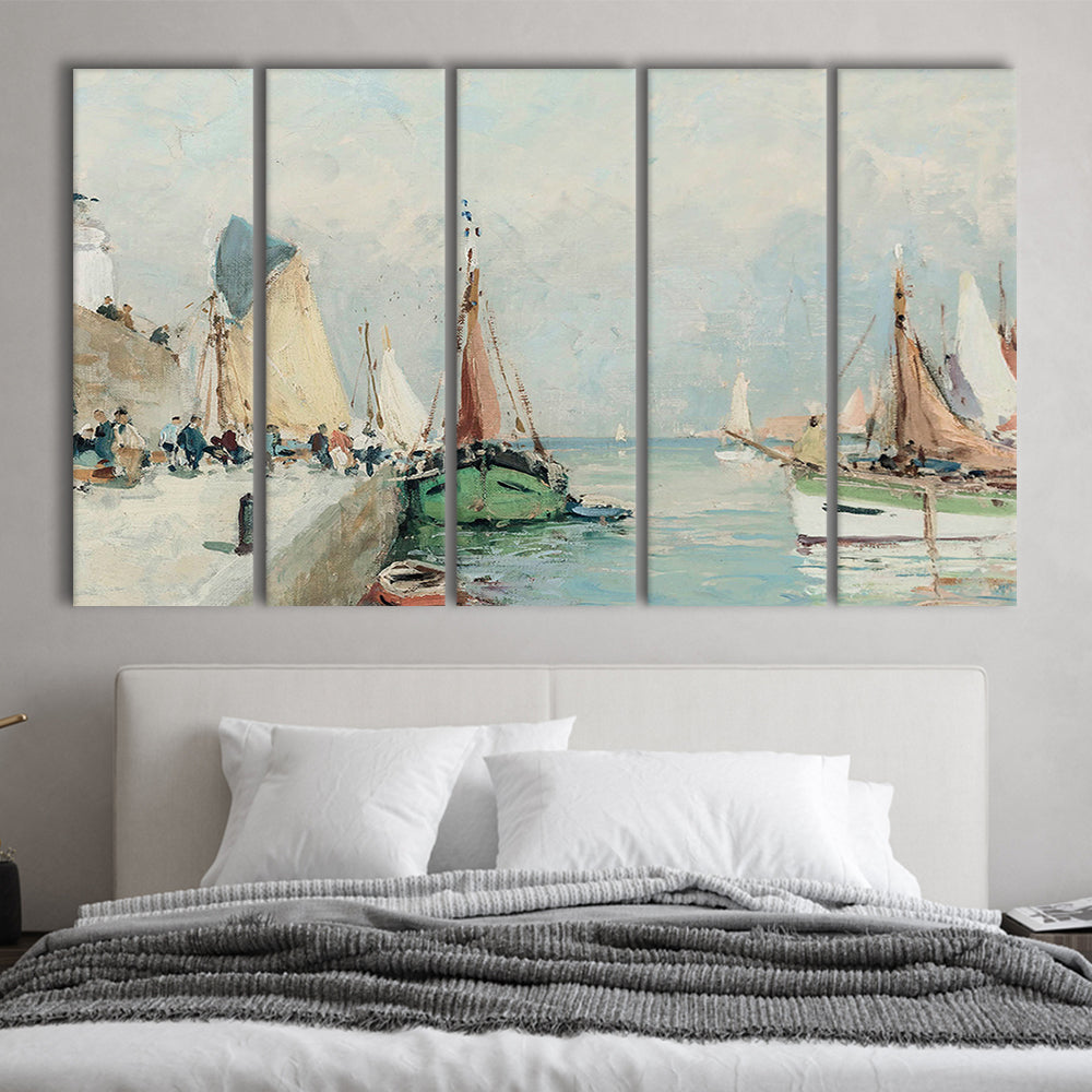 Antique Nautical Oil Paintingailboats Coastal Farmhouse 5 Panels Canvas Print Wall Art, Landscape Painting