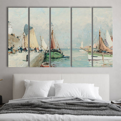 Antique Nautical Oil Paintingailboats Coastal Farmhouse 5 Panels Canvas Print Wall Art, Landscape Painting