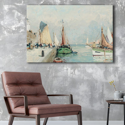 Antique Nautical Oil Paintingailboats Coastal Farmhouse Canvas Print Wall Art, Landscape Painting
