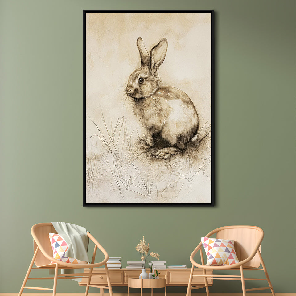 Antique Rabbit Sketch Vintage Print, Nursery Art, Framed Canvas Print Wall Art, Floating Frame