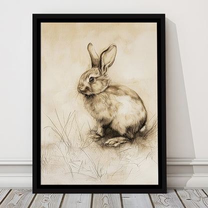 Antique Rabbit Sketch Vintage Print, Nursery Art, Framed Canvas Print Wall Art, Floating Frame