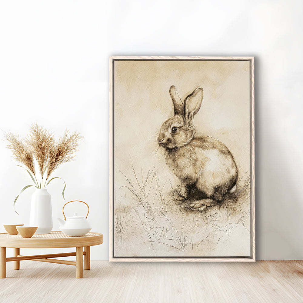 Antique Rabbit Sketch Vintage Print, Nursery Art, Framed Canvas Print Wall Art, Floating Frame