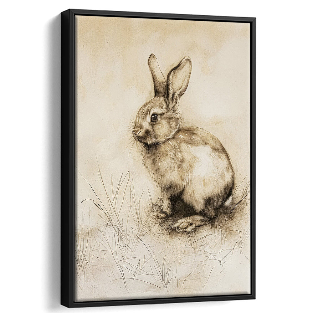 Antique Rabbit Sketch Vintage Print, Nursery Art, Framed Canvas Print Wall Art, Floating Frame