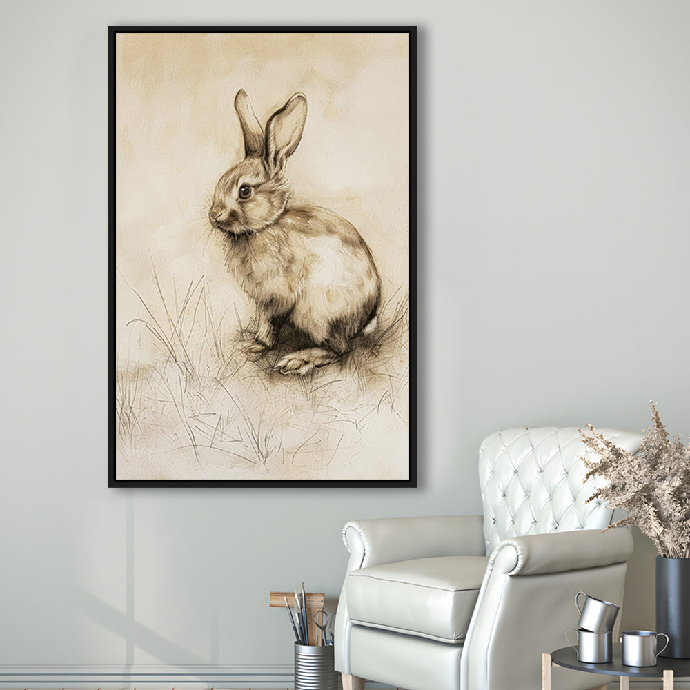 Antique Rabbit Sketch Vintage Print, Nursery Art, Framed Canvas Print Wall Art, Floating Frame
