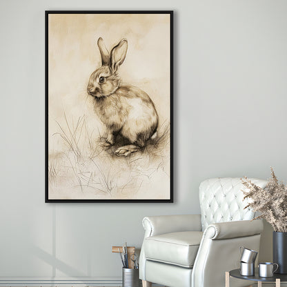 Antique Rabbit Sketch Vintage Print, Nursery Art, Framed Canvas Print Wall Art, Floating Frame