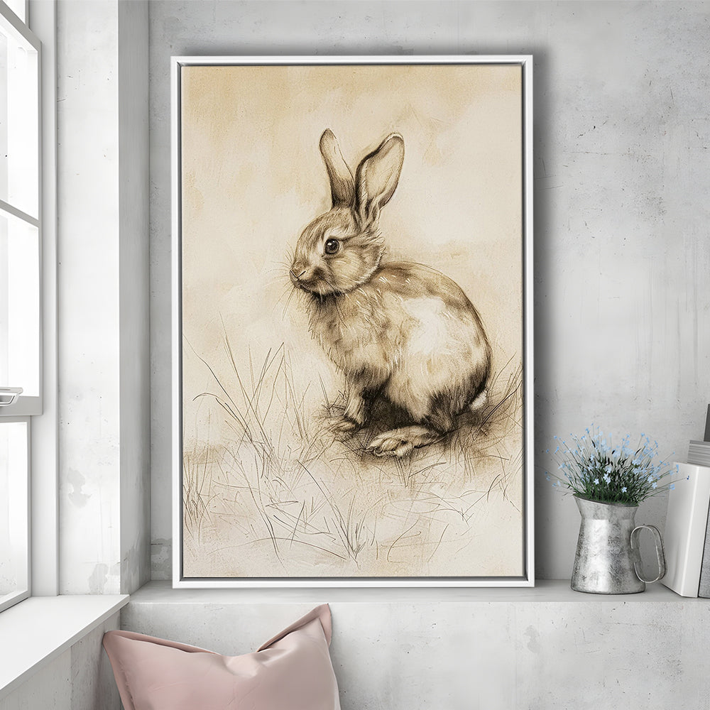 Antique Rabbit Sketch Vintage Print, Nursery Art, Framed Canvas Print Wall Art, Floating Frame