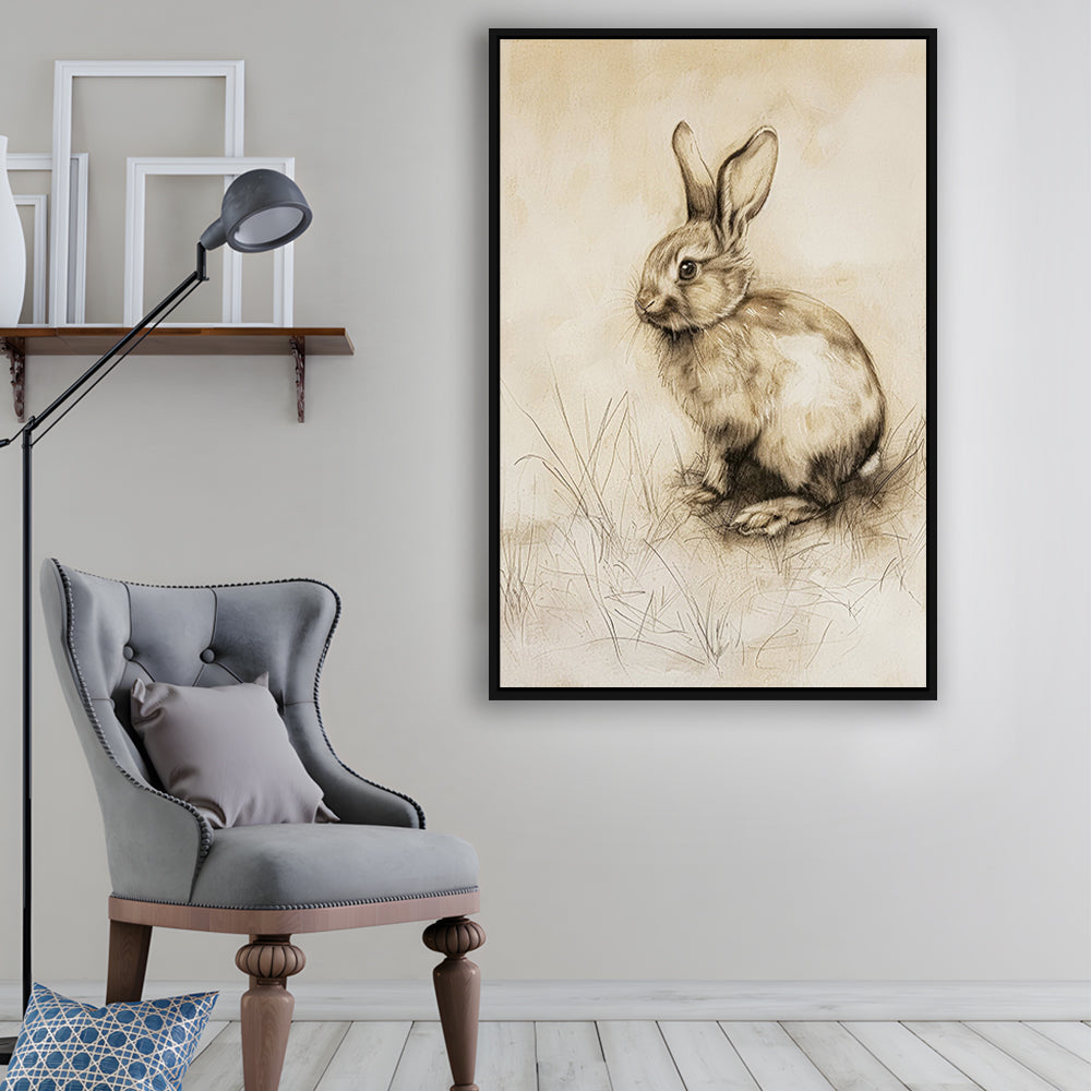 Antique Rabbit Sketch Vintage Print, Nursery Art, Framed Canvas Print Wall Art, Floating Frame