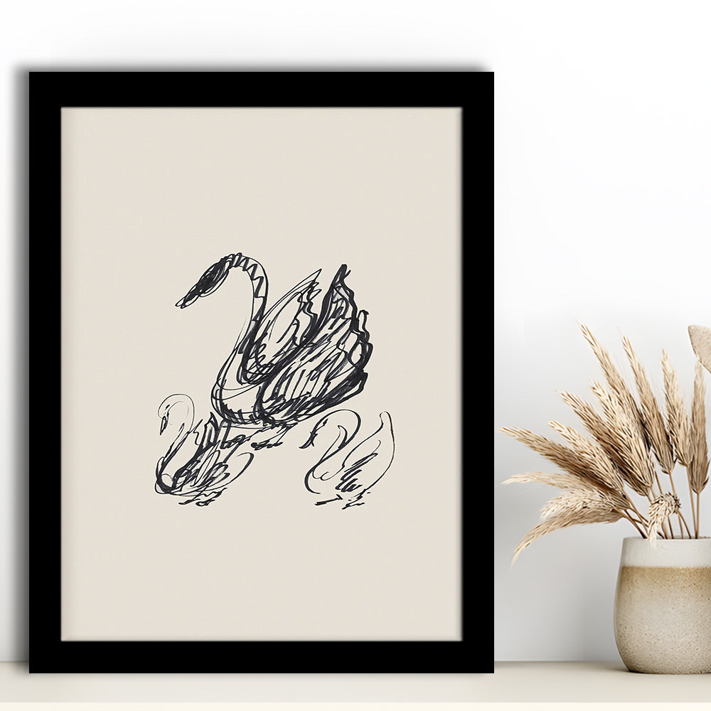Antique Swan Abstract Sketch Neutral Modern Farmhouse Vintage Minimalist Swan Framed Art Print Wall Decor