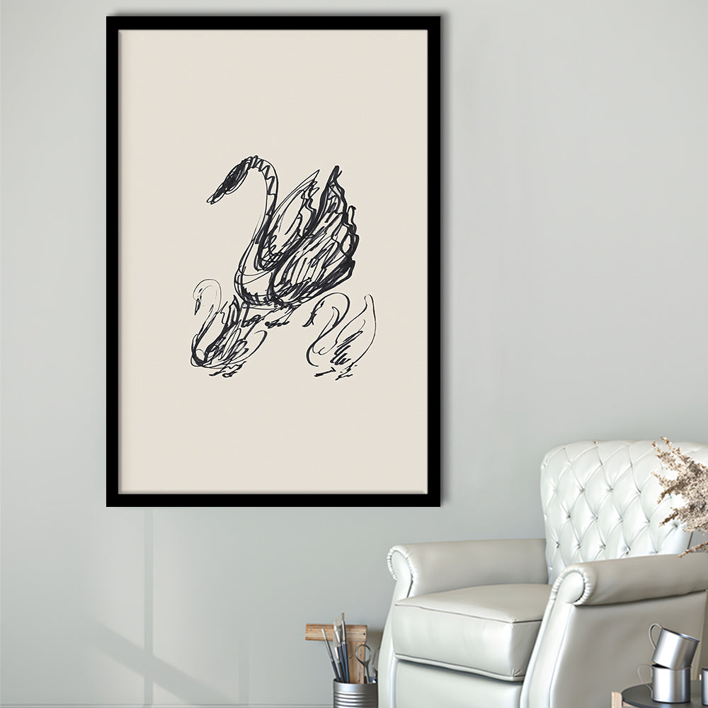 Antique Swan Abstract Sketch Neutral Modern Farmhouse Vintage Minimalist Swan Framed Art Print Wall Decor