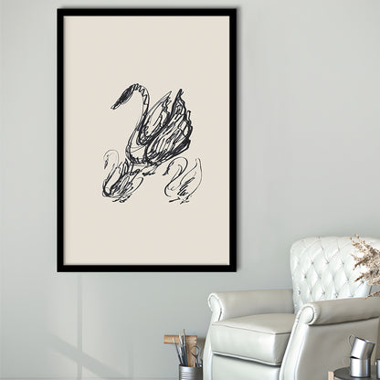 Antique Swan Abstract Sketch Neutral Modern Farmhouse Vintage Minimalist Swan Framed Art Print Wall Decor