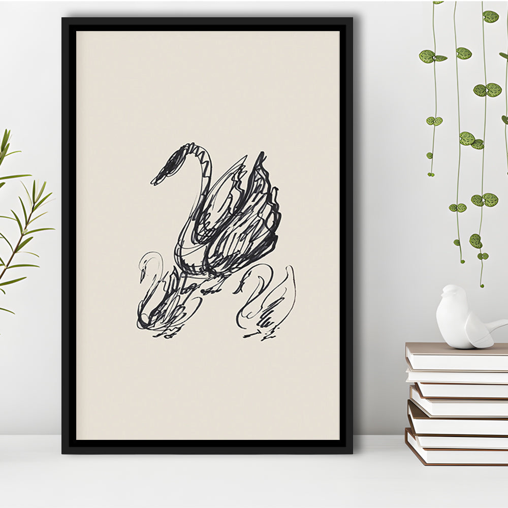 Antique Swan Abstract Sketch Neutral Modern Farmhouse Vintage Minimalist Swan Framed Canvas Print Wall Art
