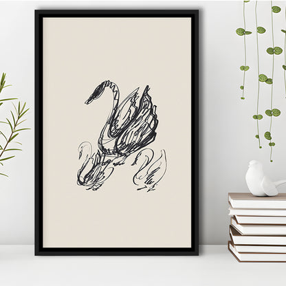 Antique Swan Abstract Sketch Neutral Modern Farmhouse Vintage Minimalist Swan Framed Canvas Print Wall Art