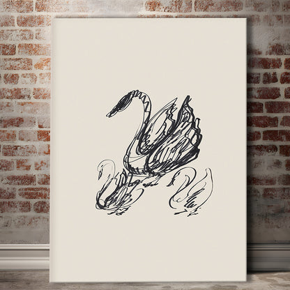 Antique Swan Abstract Sketch Neutral Modern Farmhouse Vintage Minimalist Swan Canvas Print Wall Art,