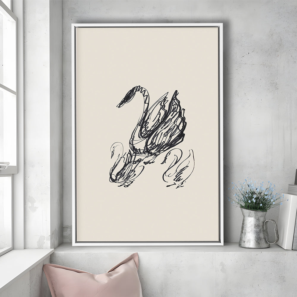Antique Swan Abstract Sketch Neutral Modern Farmhouse Vintage Minimalist Swan Framed Canvas Print Wall Art