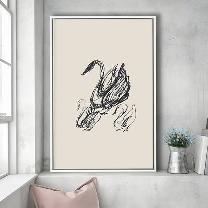 Antique Swan Abstract Sketch Neutral Modern Farmhouse Vintage Minimalist Swan Framed Canvas Print Wall Art