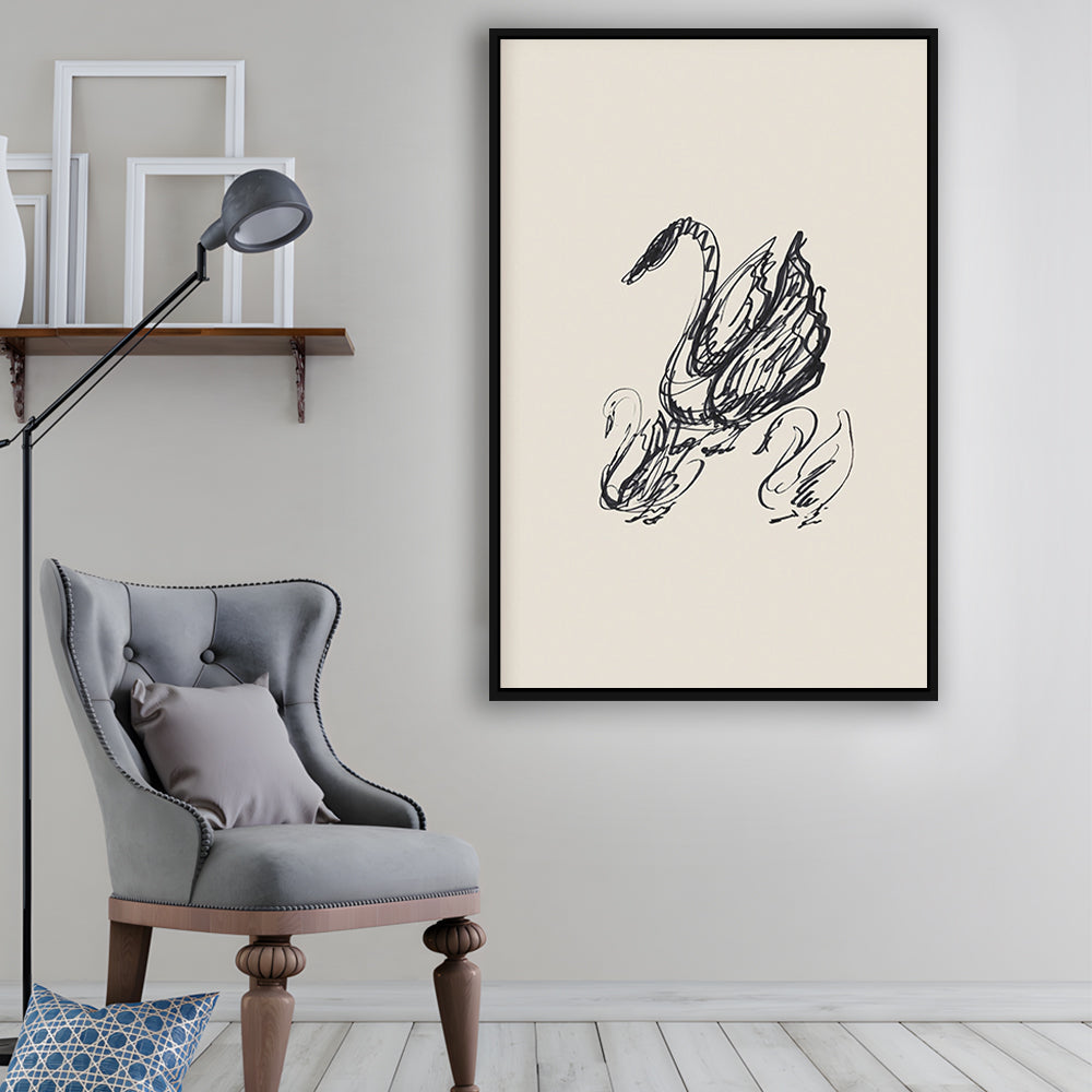 Antique Swan Abstract Sketch Neutral Modern Farmhouse Vintage Minimalist Swan Framed Canvas Print Wall Art