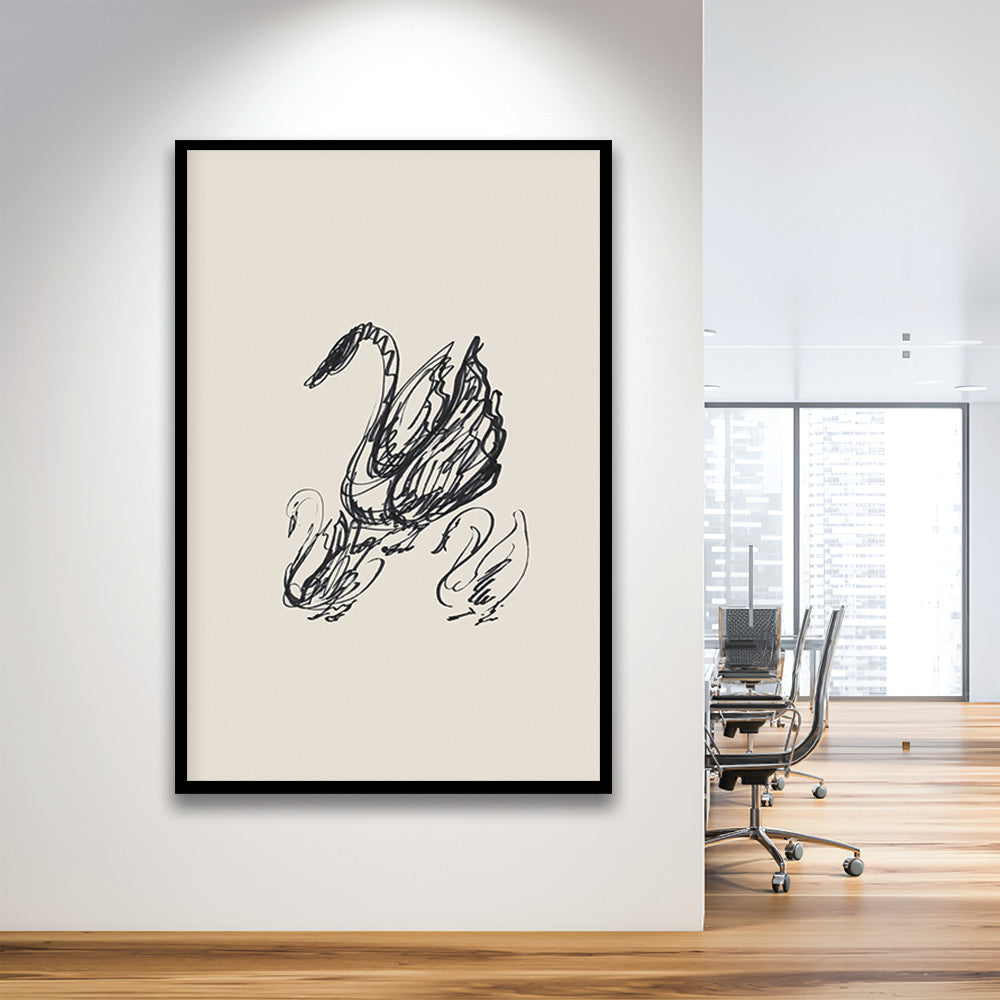 Antique Swan Abstract Sketch Neutral Modern Farmhouse Vintage Minimalist Swan Framed Art Print Wall Decor