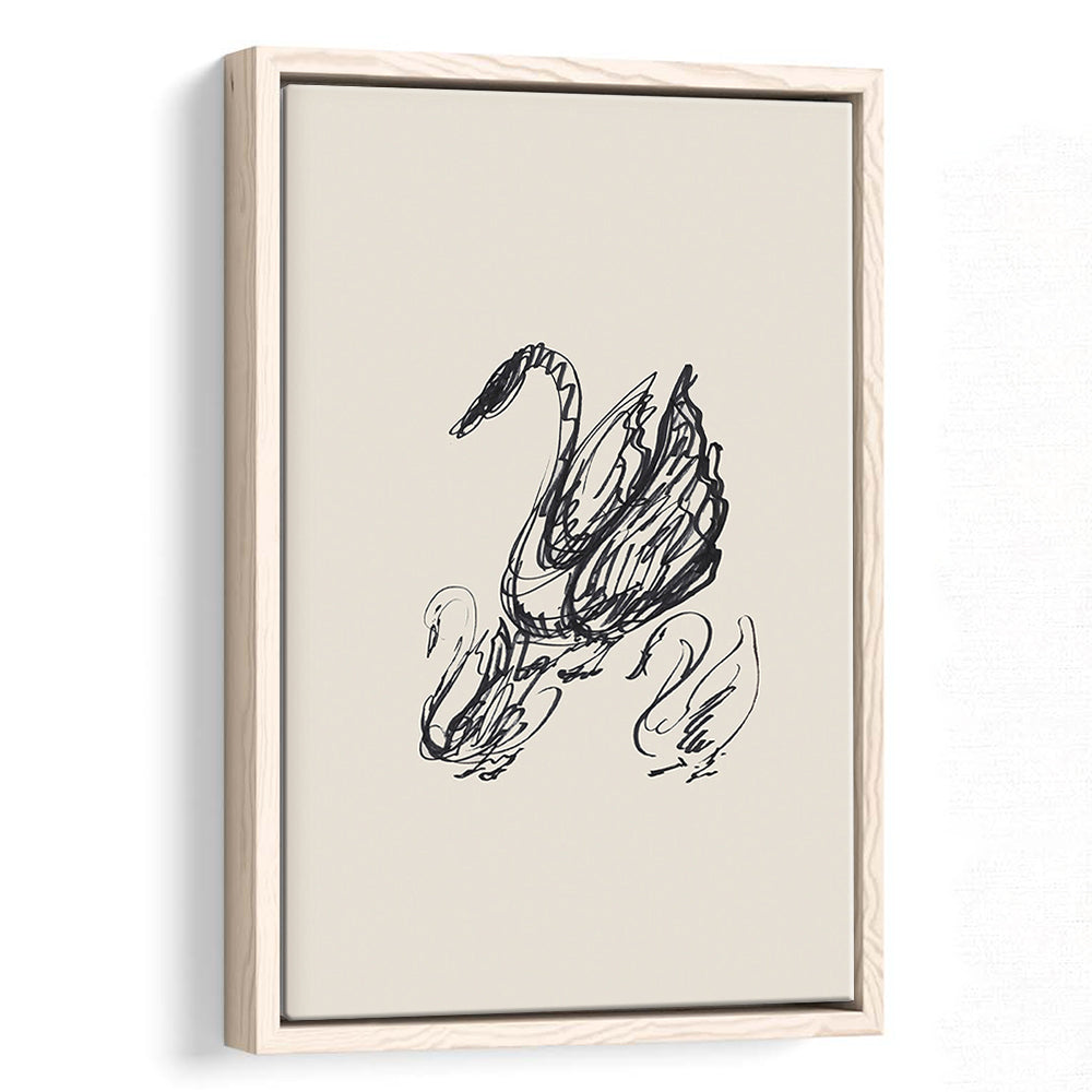 Antique Swan Abstract Sketch Neutral Modern Farmhouse Vintage Minimalist Swan Framed Canvas Print Wall Art