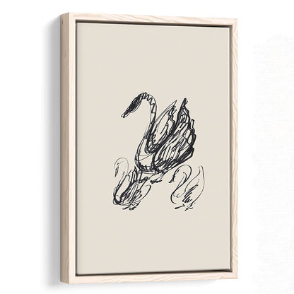 Antique Swan Abstract Sketch Neutral Modern Farmhouse Vintage Minimalist Swan Framed Canvas Print Wall Art