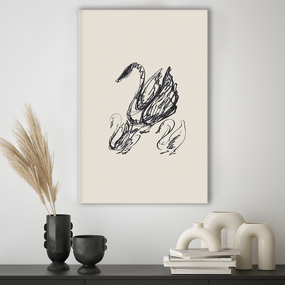 Antique Swan Abstract Sketch Neutral Modern Farmhouse Vintage Minimalist Swan Canvas Print Wall Art,