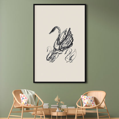 Antique Swan Abstract Sketch Neutral Modern Farmhouse Vintage Minimalist Swan Framed Canvas Print Wall Art