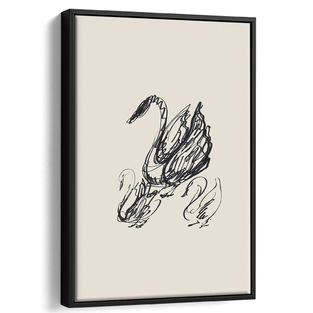 Antique Swan Abstract Sketch Neutral Modern Farmhouse Vintage Minimalist Swan Framed Canvas Print Wall Art