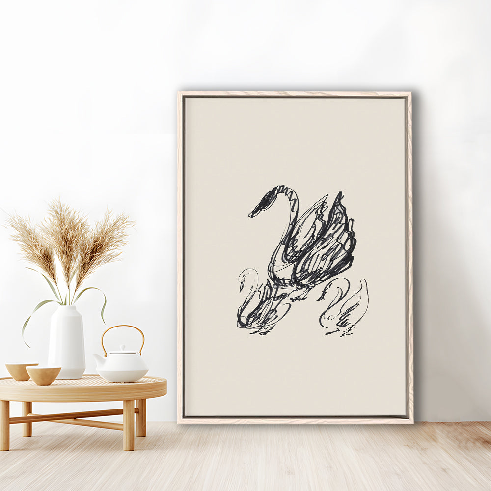 Antique Swan Abstract Sketch Neutral Modern Farmhouse Vintage Minimalist Swan Framed Canvas Print Wall Art