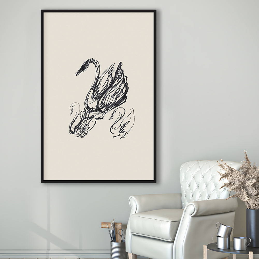 Antique Swan Abstract Sketch Neutral Modern Farmhouse Vintage Minimalist Swan Framed Canvas Print Wall Art