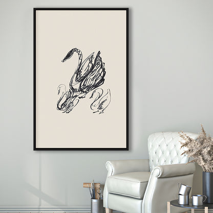 Antique Swan Abstract Sketch Neutral Modern Farmhouse Vintage Minimalist Swan Framed Canvas Print Wall Art