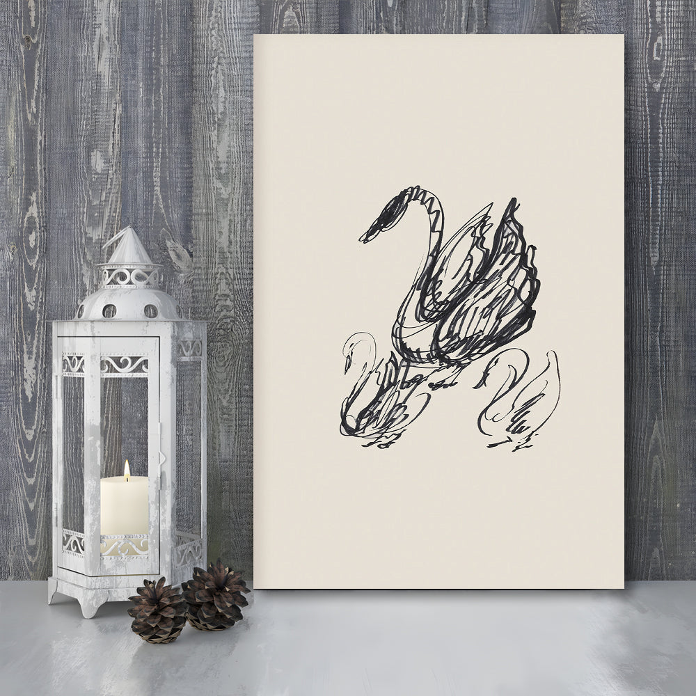 Antique Swan Abstract Sketch Neutral Modern Farmhouse Vintage Minimalist Swan Canvas Print Wall Art,