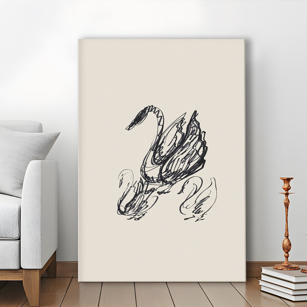Antique Swan Abstract Sketch Neutral Modern Farmhouse Vintage Minimalist Swan Canvas Print Wall Art,
