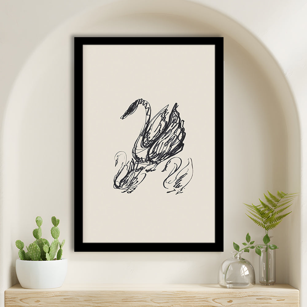 Antique Swan Abstract Sketch Neutral Modern Farmhouse Vintage Minimalist Swan Framed Art Print Wall Decor