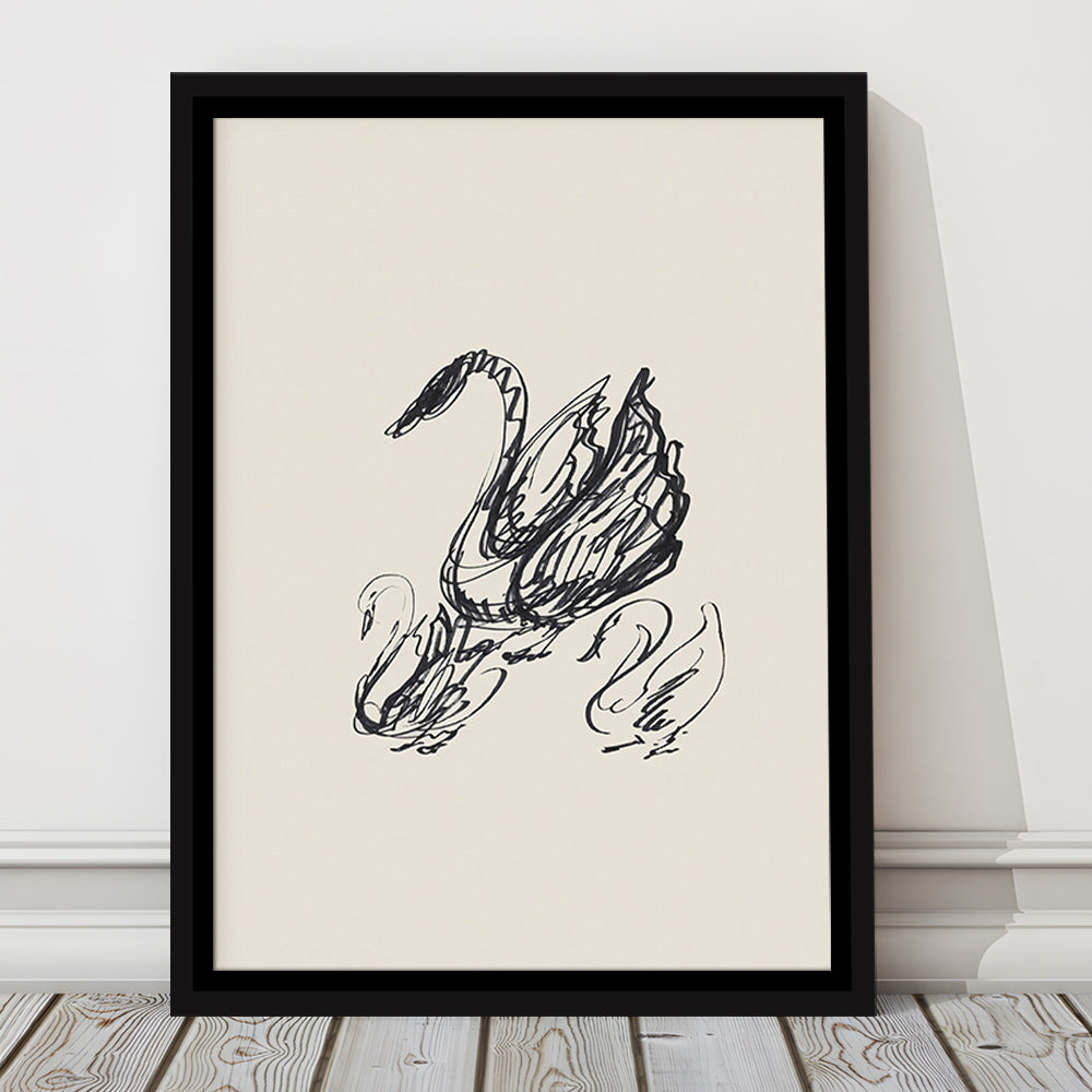 Antique Swan Abstract Sketch Neutral Modern Farmhouse Vintage Minimalist Swan Framed Canvas Print Wall Art