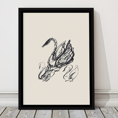 Antique Swan Abstract Sketch Neutral Modern Farmhouse Vintage Minimalist Swan Framed Canvas Print Wall Art