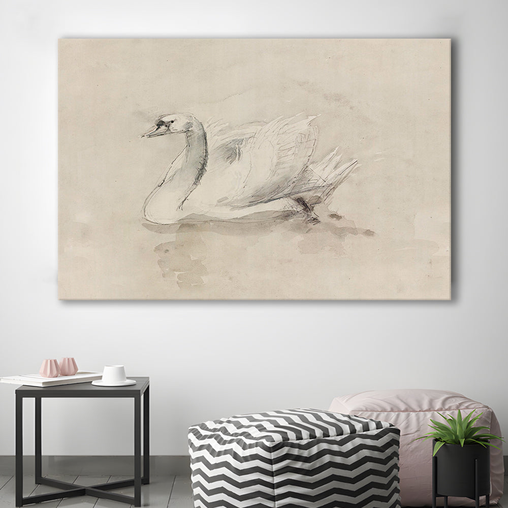 Antique Swan SketchPrint Yourself 19th Century Art Muted Wall Decor, Ready to hang