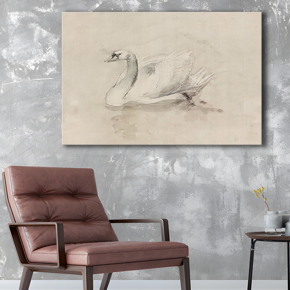 Antique Swan SketchPrint Yourself 19th Century Art Muted Wall Decor, Ready to hang