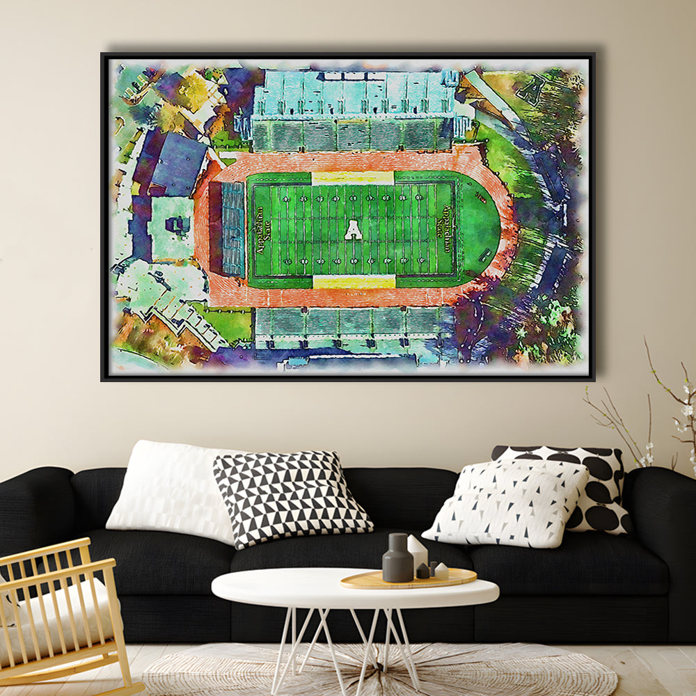 Appalachian Mountaineers, Kidd Brewer Painting Stadium Watercolor, Sport Gift Art, Framed Canvas Print Wall Art