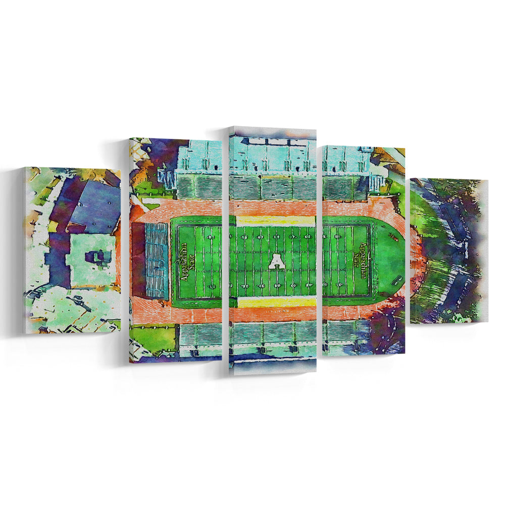 Appalachian Mountaineers, Kidd Brewer Painting Stadium Watercolor, Sport Art, Mixed 5 Panel, Canvas Print Wall Art